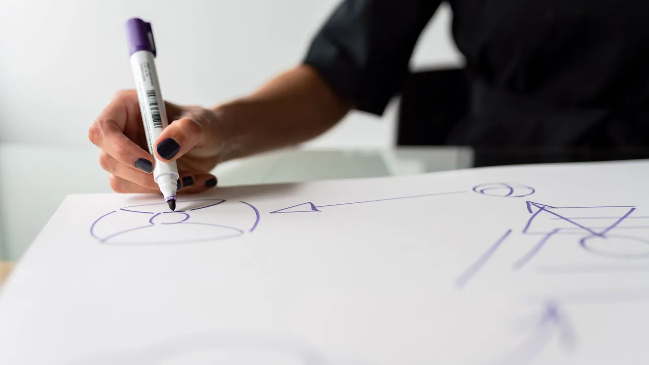 Une main dessine un schéma au feutre sur une grande feuille blanche