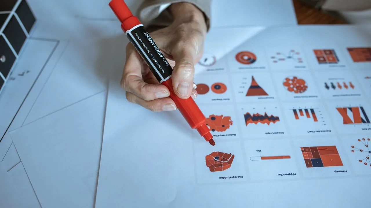 Une main tenant un feutre rouge au-dessus de feuilles imprimées couvertes de graphiques