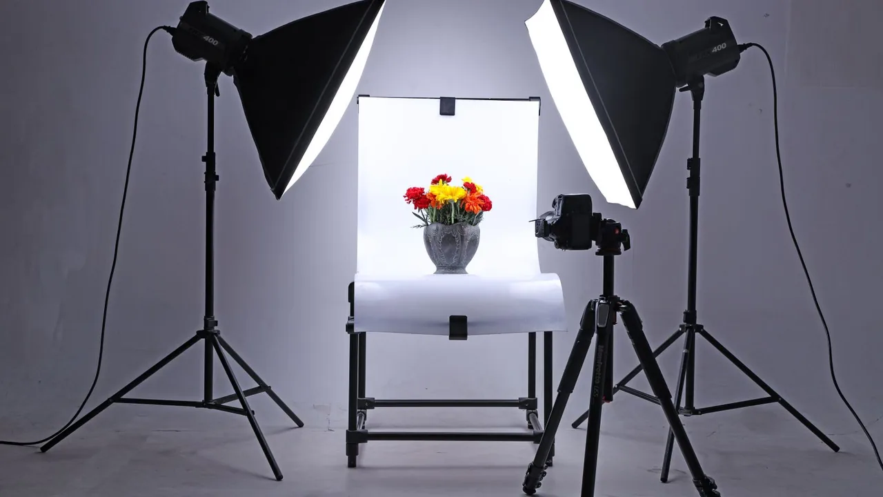 Studio photo avec projecteurs et boîte à lumière éclairant un vase de fleurs sur fond blanc
