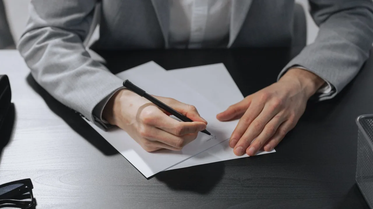 Les mains d'une personne en veste grise signent un document avec un stylo sur un bureau sombre