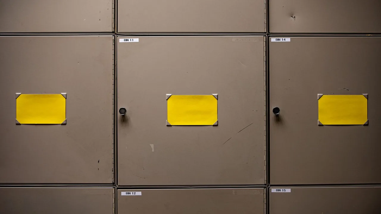 Des casiers métalliques de couleur taupe, fermés à clé, avec une étiquette jaune sur chaque porte