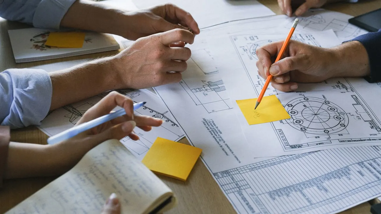 Des mains annotent un plan technique avec un crayon et des notes autocollantes jaunes