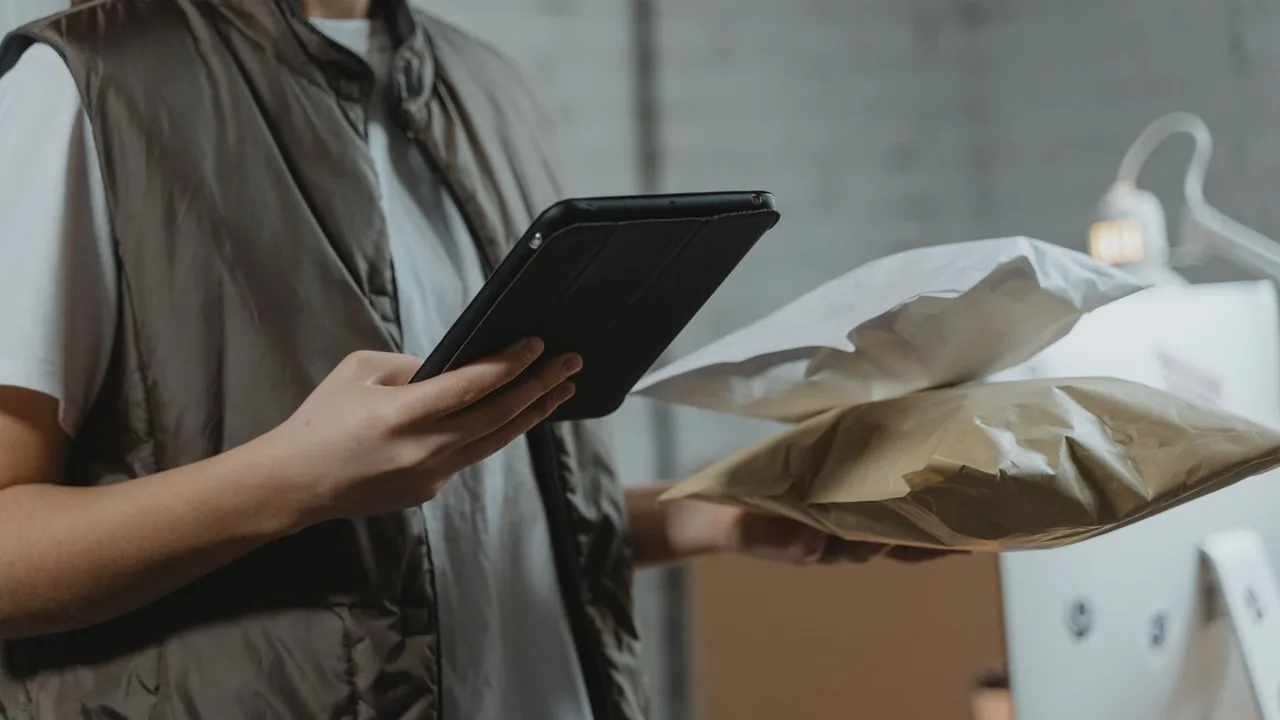 Les mains d'un employé tiennent une tablette et un colis dans un espace de préparation de commandes
