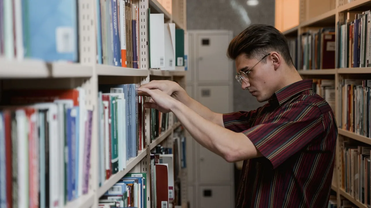 Jeune homme cherchant un ouvrage sur les étagères d'une bibliothèque