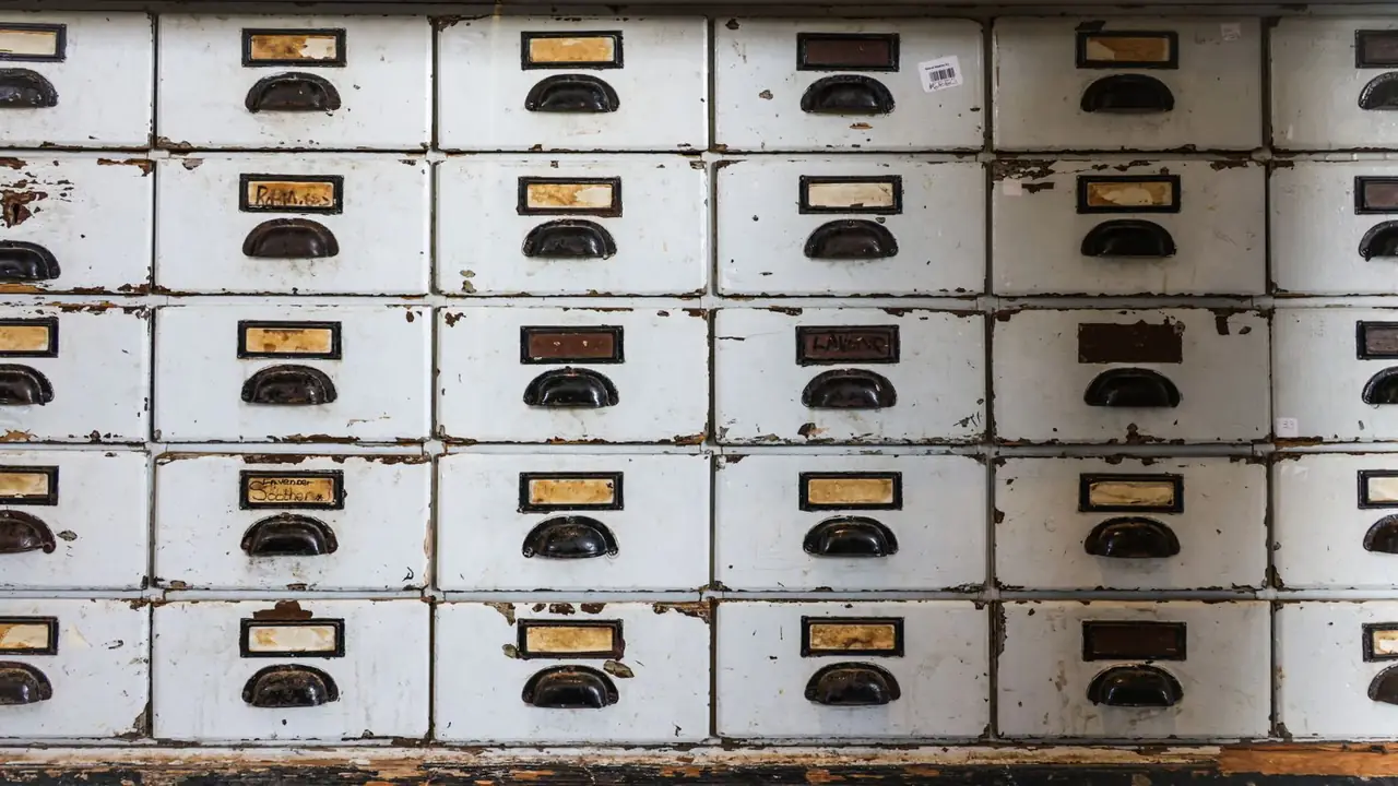 Un mur de petits tiroirs de classement anciens, blancs et écaillés, avec leurs poignées métalliques