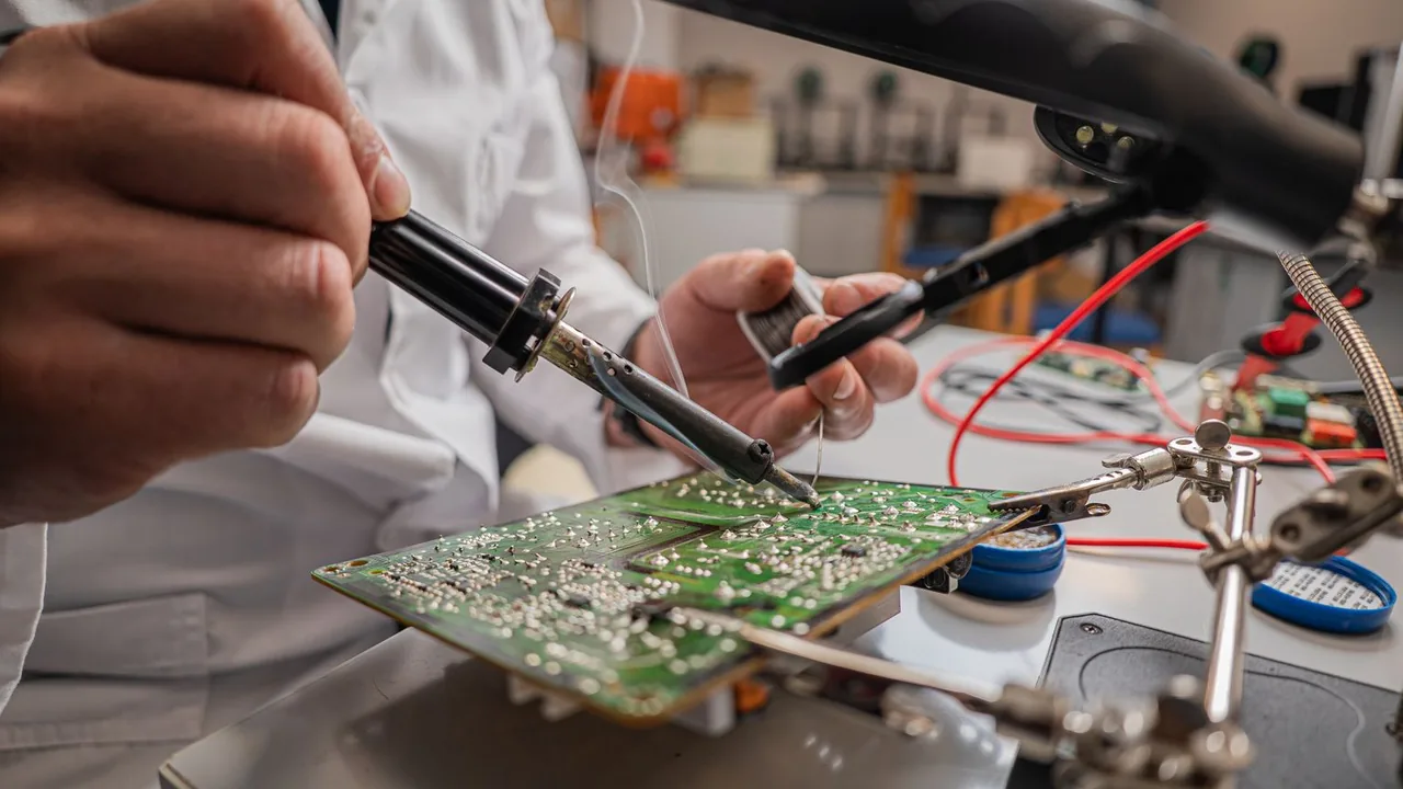 Un technicien soude des composants sur une carte électronique verte dans un atelier