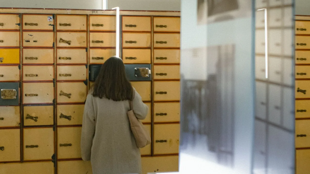 Une femme de dos regarde un mur de boîtes aux lettres métalliques anciennes