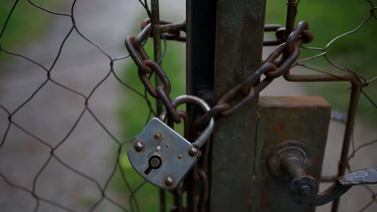 Cadenas gris et chaîne rouillée fermant un portail grillagé, feuillage flou en arrière-plan