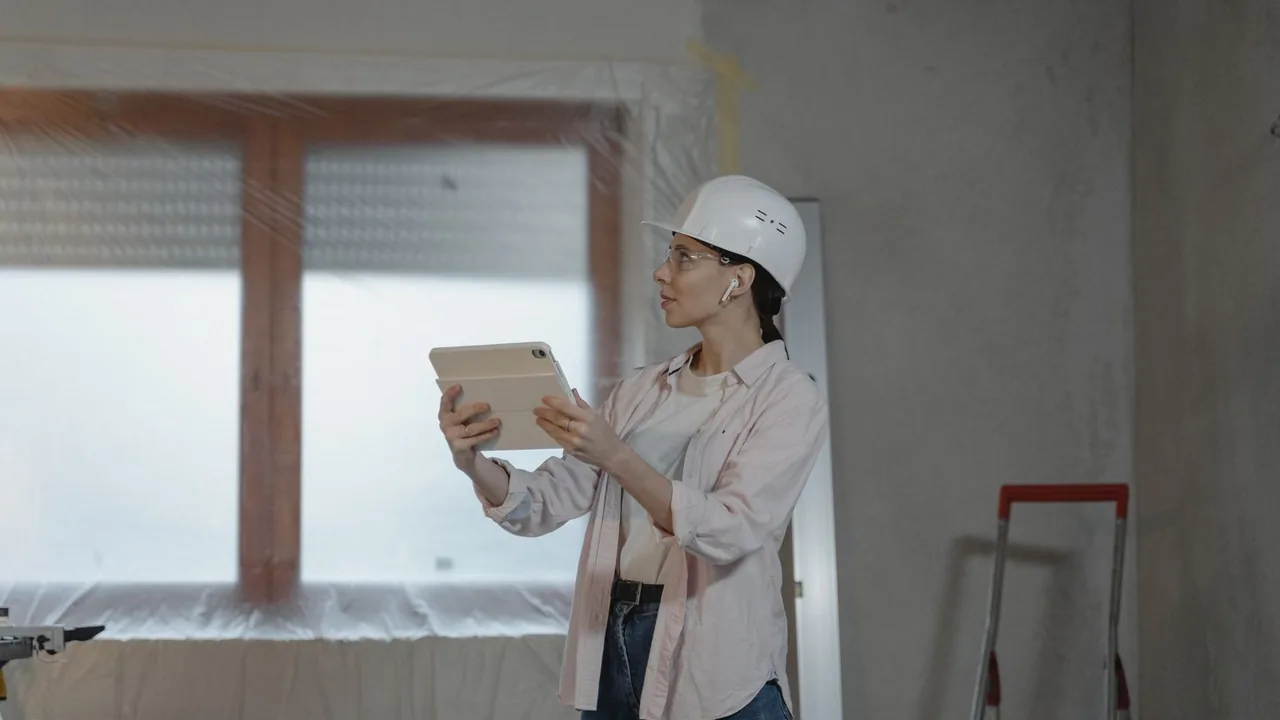 Une femme en casque de chantier consulte une tablette dans un bâtiment en cours de rénovation