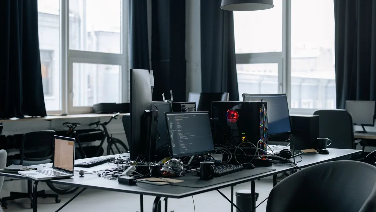 Bureaux d'un espace de développement avec écrans de code et grandes fenêtres à rideaux sombres
