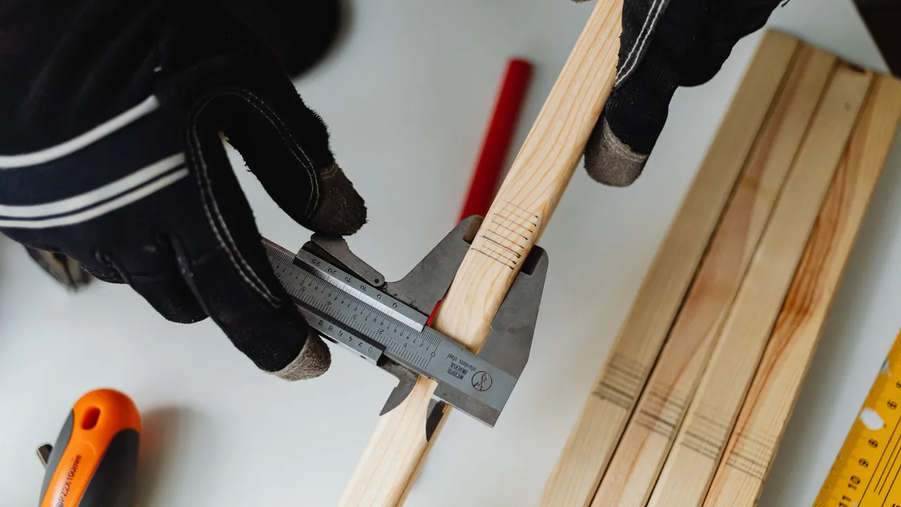 Mains gantées mesurant une baguette de bois avec un pied à coulisse sur une table blanche