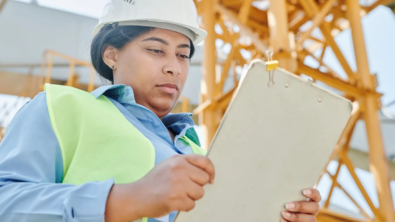 Une femme en casque blanc et gilet de sécurité lit un porte-bloc devant une structure métallique de chantier