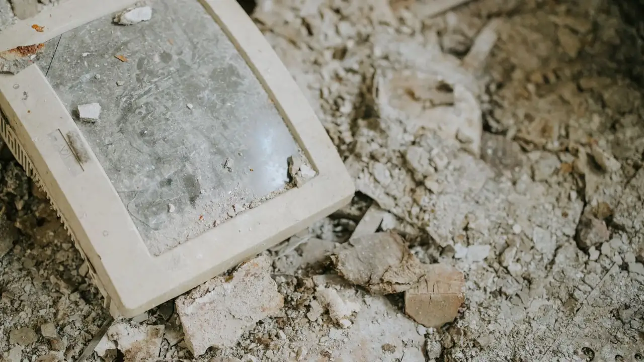 Un vieux moniteur d'ordinateur beige abandonné au milieu de gravats poussiéreux
