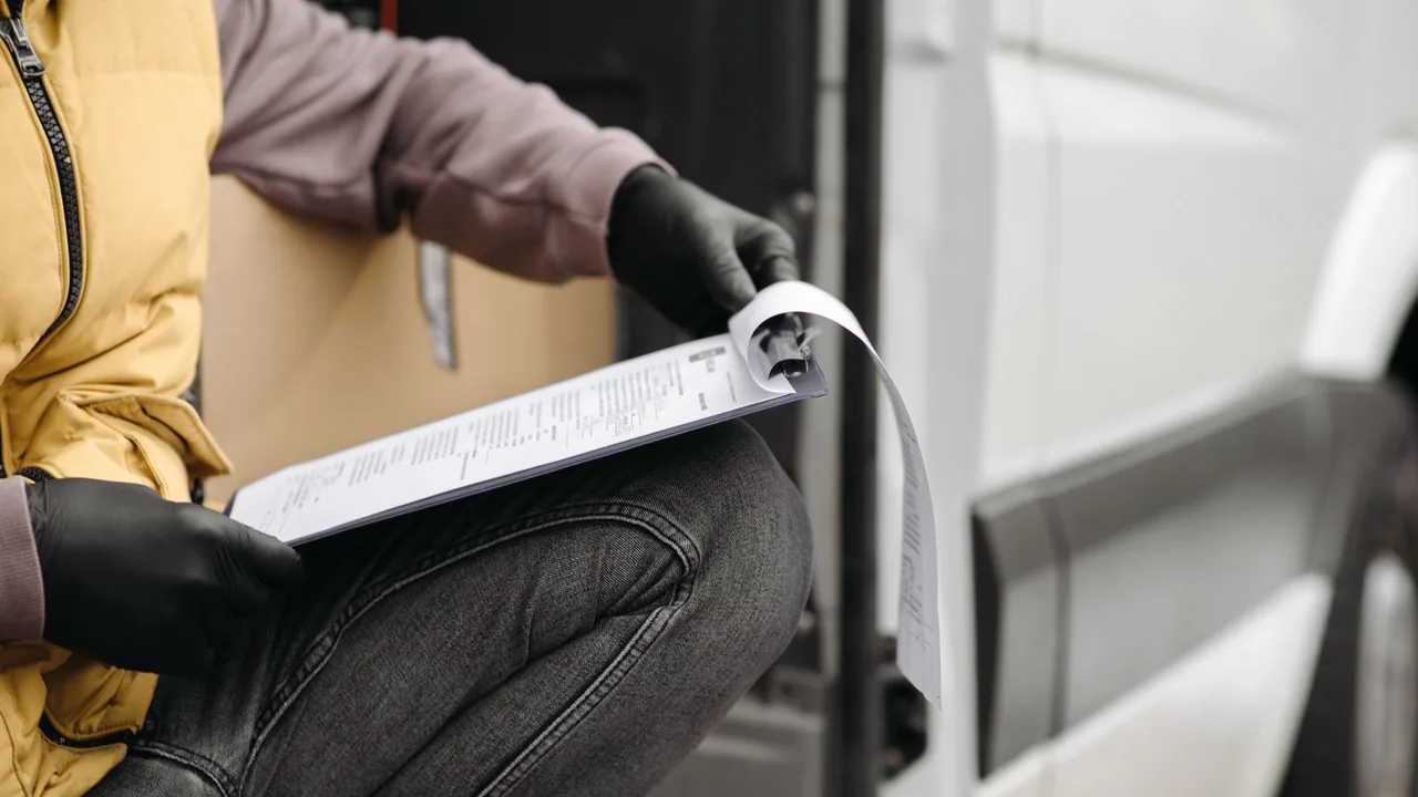Un livreur en gants lit une liste sur un porte-bloc, accroupi près d'une camionnette