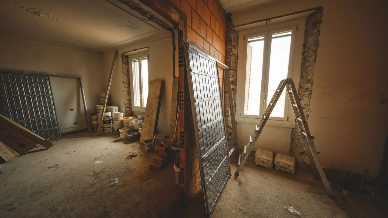 Une pièce en travaux avec une échelle, un panneau grillagé appuyé au mur et des seaux de chantier