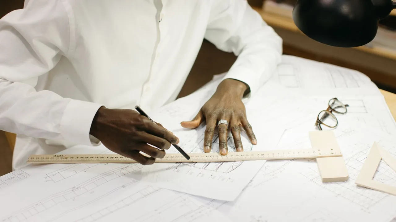 Un architecte trace une ligne à la règle sur de grands plans posés sur son bureau, une lampe et des lunettes à côté