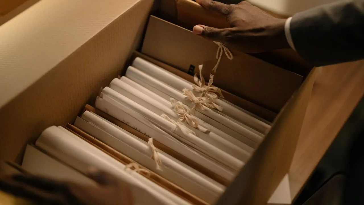 Des mains fouillent des dossiers ficelés dans une boîte d'archives en carton