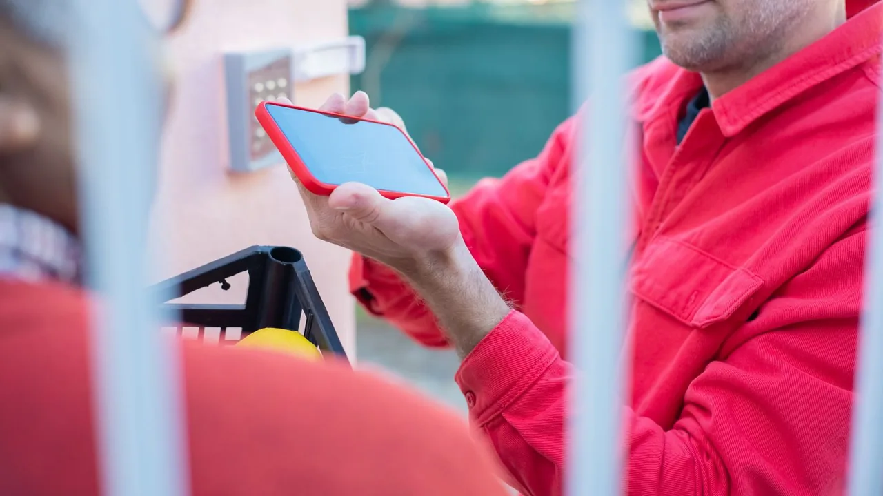 Un livreur en veste rouge confirme une livraison sur son smartphone devant l'interphone d'une porte