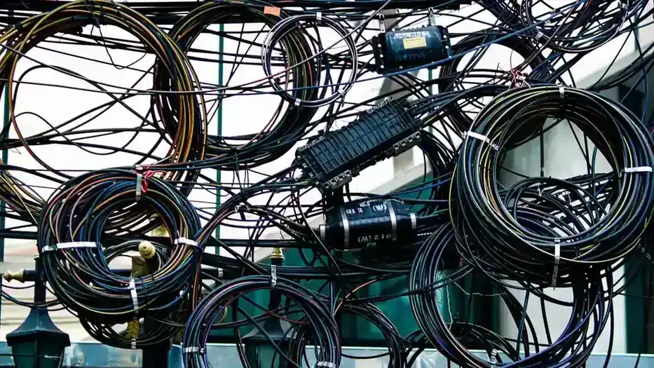 Un amas de câbles électriques et de communication enchevêtrés à l'extérieur d'un bâtiment.