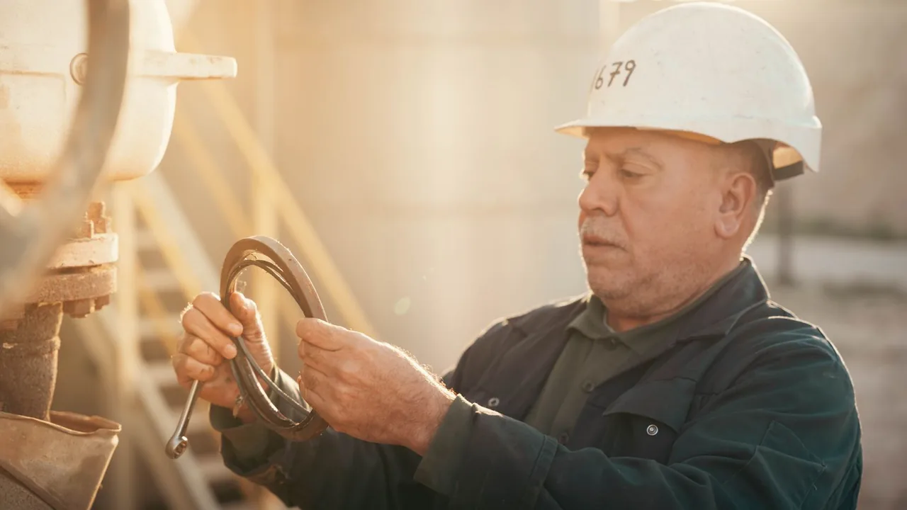 Un technicien d'âge mûr, casqué, examine une pièce mécanique dans une installation industrielle.