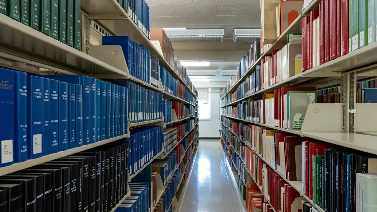 Allée de bibliothèque bordée de hauts rayonnages de volumes reliés.