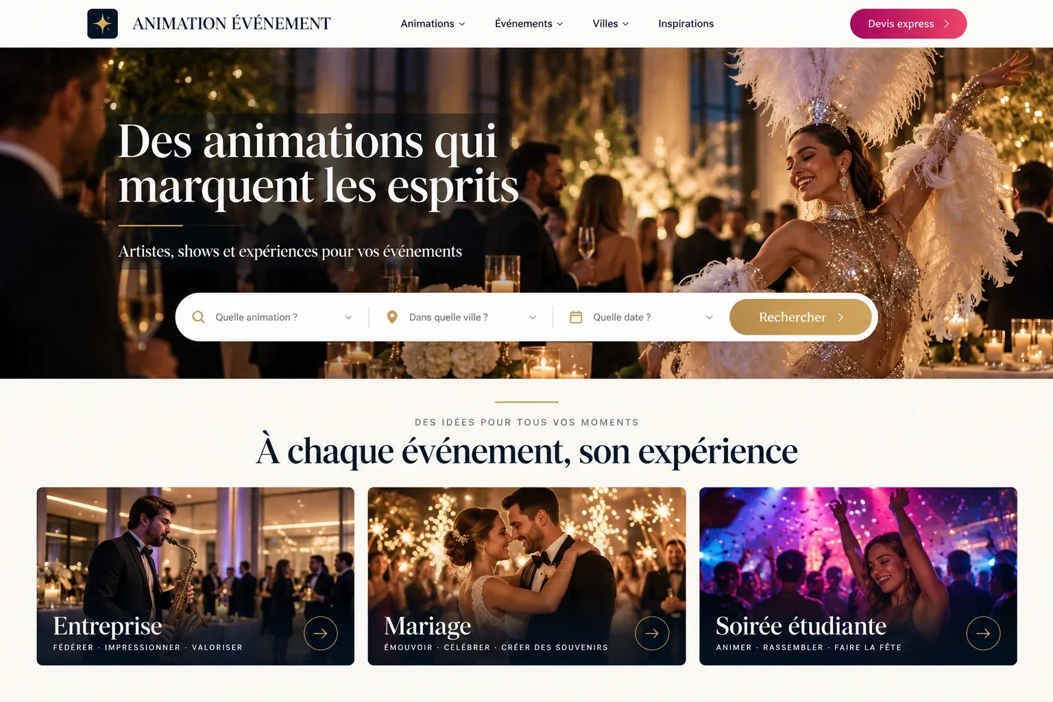 Maquette de l'accueil du site Animation Événement : titre « Des animations qui marquent les esprits », recherche par animation, ville et date, puis trois entrées Entreprise, Mariage et Soirée étudiante