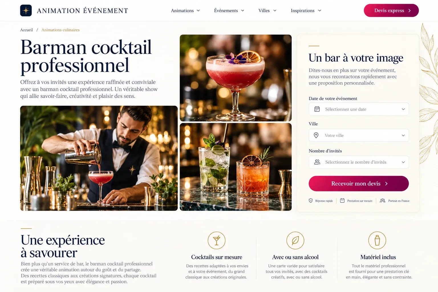 Maquette d'une fiche Animation Événement : Barman cocktail professionnel, photos du barman et des cocktails, et formulaire « Un bar à votre image » avec la date, la ville et le nombre d'invités