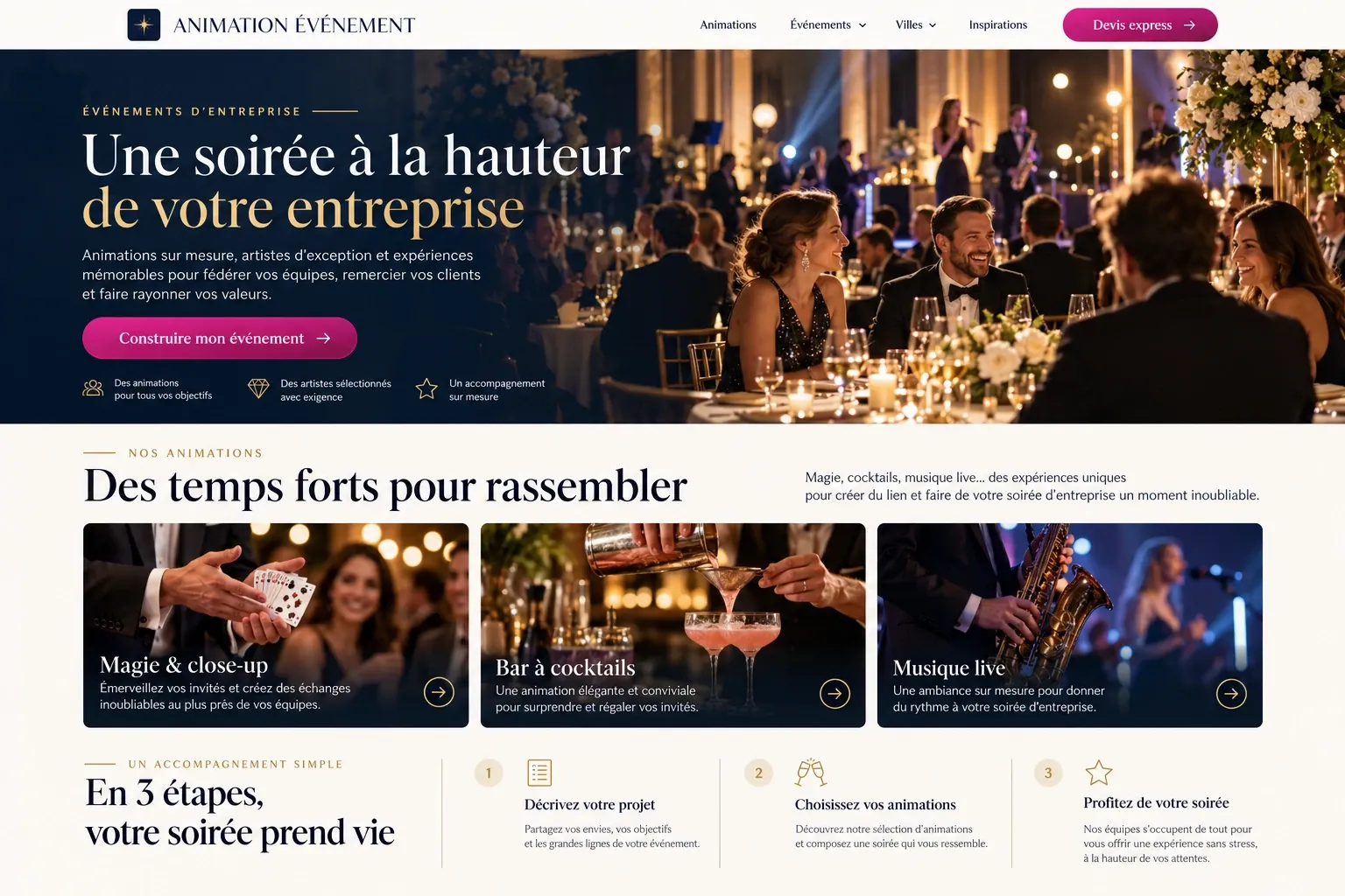 Maquette de la page Événements d'entreprise d'Animation Événement : titre « Une soirée à la hauteur de votre entreprise », animations Magie et close-up, Bar à cocktails et Musique live, et un accompagnement en trois étapes