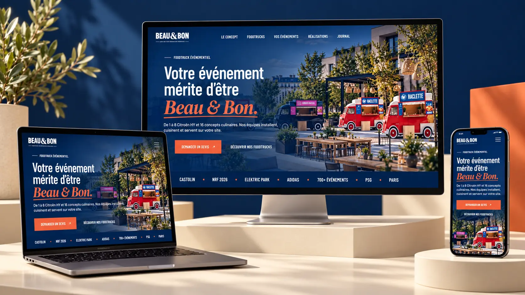 Le site Beau & Bon sur un écran de bureau, un ordinateur portable et un téléphone : bleu marine, terracotta et ivoire de la marque