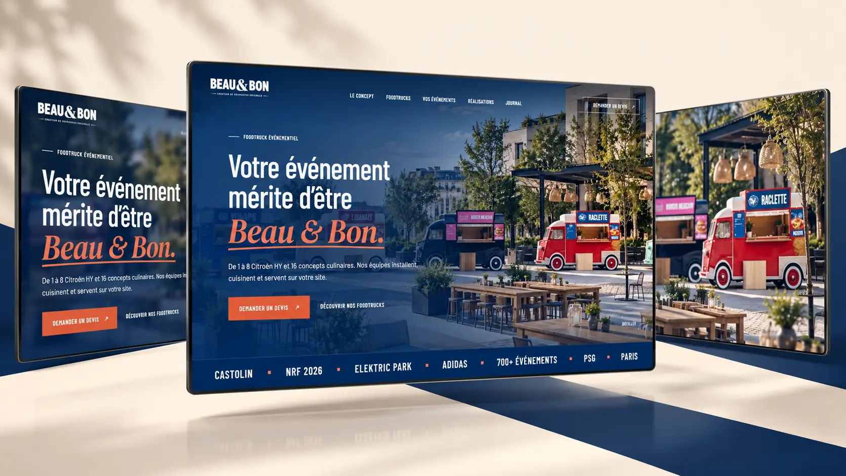 Trois écrans du site Beau & Bon côte à côte, accueil au centre avec les Citroën HY et le bandeau des références