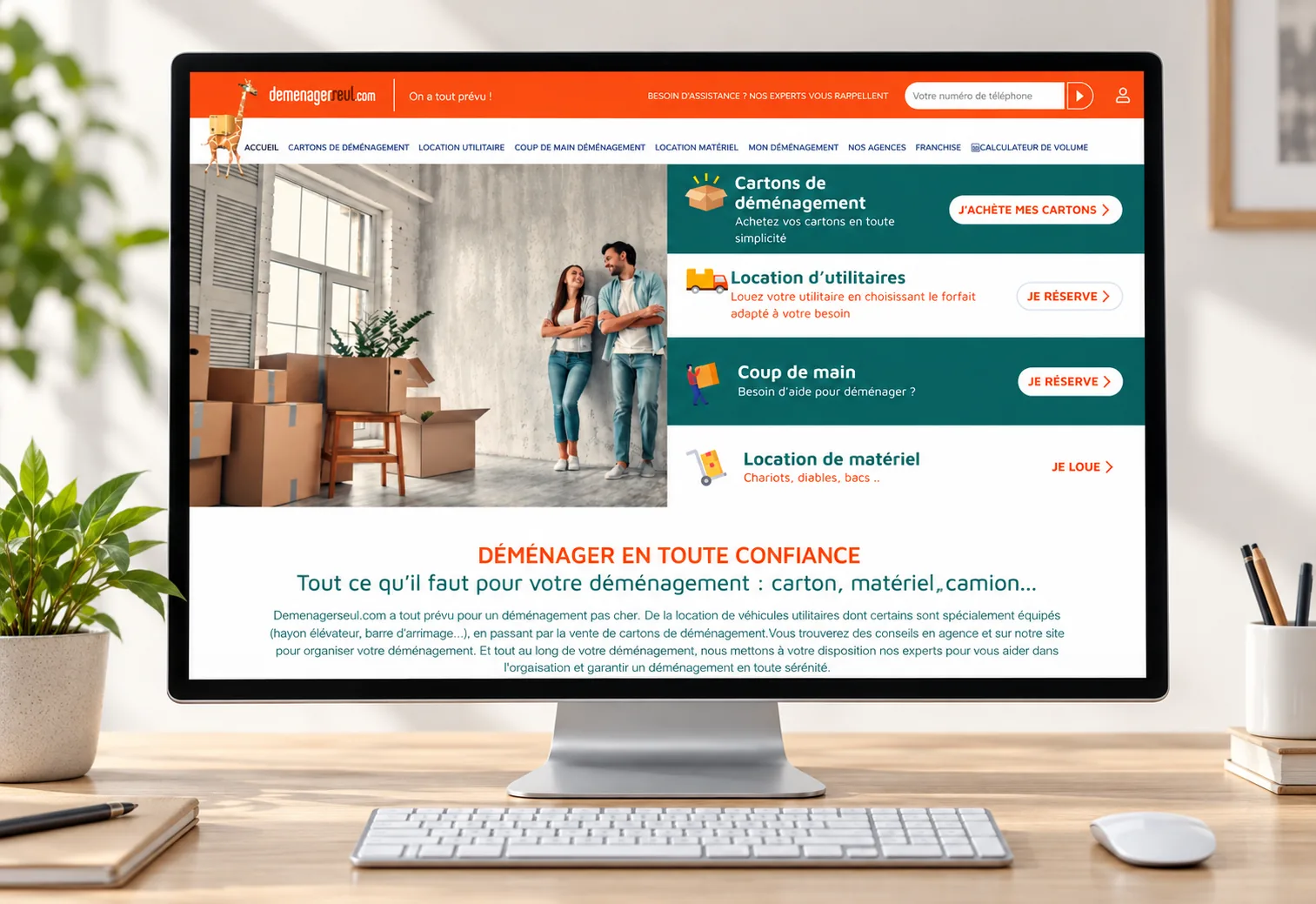 Maquette de l'accueil de DemenagerSeul.com sur un écran de bureau : bandeau orange, menu (cartons de déménagement, location utilitaire, coup de main, location matériel, calculateur de volume), quatre accès « J'achète mes cartons », « Je réserve » et « Je loue », et le titre « Déménager en toute confiance »