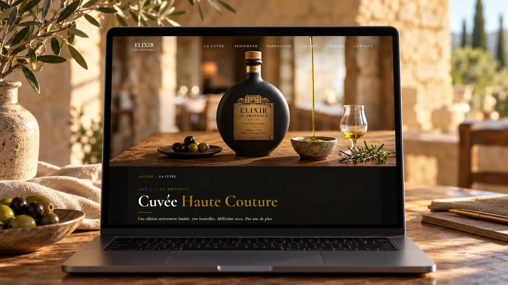 Maquette de la page « Cuvée Haute Couture » du site Élixir de Provence sur un ordinateur portable : flacon noir à plaque dorée, huile versée dans une coupelle, « Une édition strictement limitée. 700 bouteilles. »