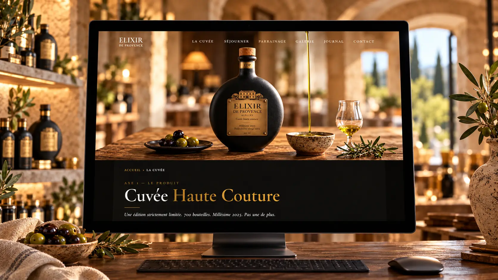 Le site Élixir de Provence sur un écran posé dans une boutique voûtée en pierre, des flacons noirs alignés sur les étagères