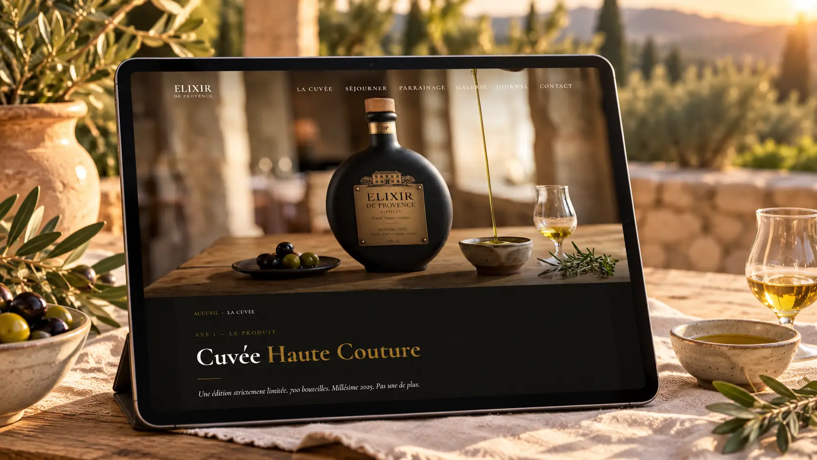 Le site Élixir de Provence sur une tablette posée sur une table en terrasse, face aux collines au coucher du soleil