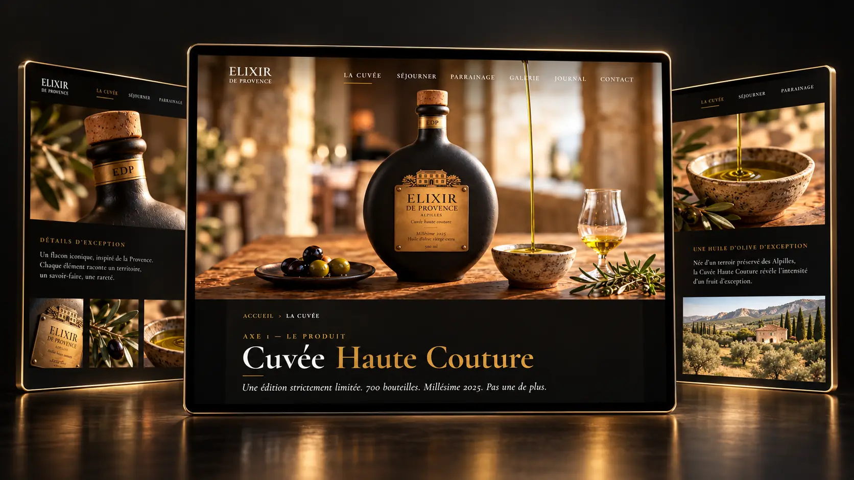 Trois écrans du site Élixir de Provence : le détail du flacon à gauche, la page de la cuvée au centre, l'oliveraie et le mas à droite