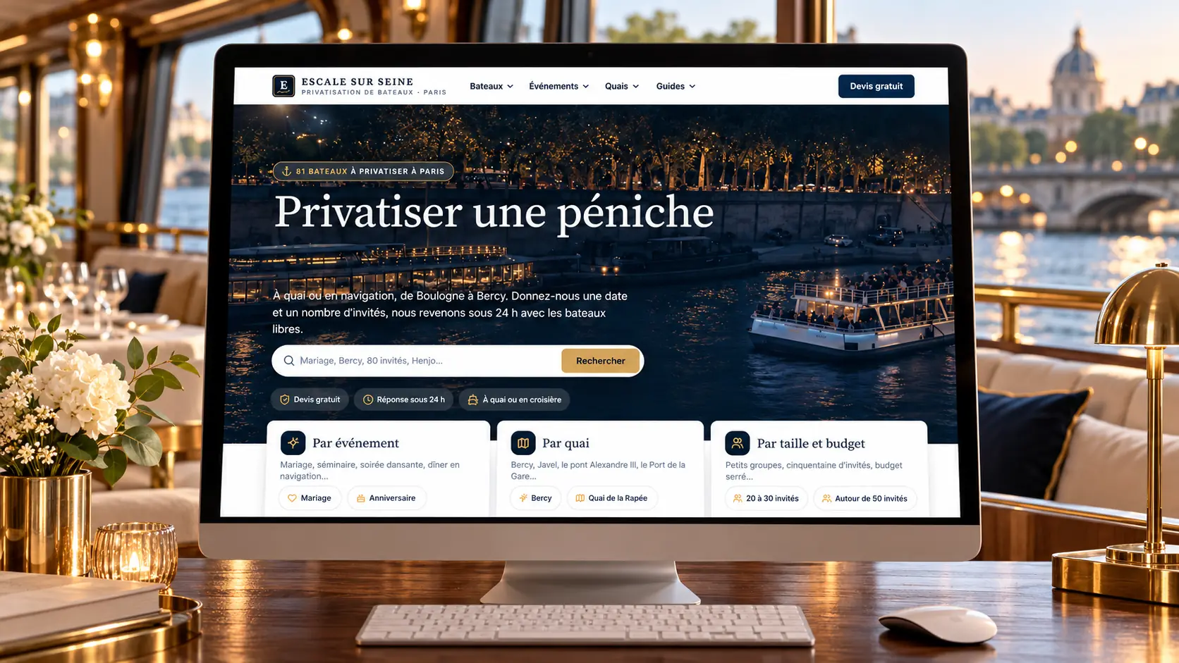 Le site Escale sur Seine sur un écran posé dans le salon d'un bateau, la Seine et un pont de Paris au couchant derrière la baie vitrée