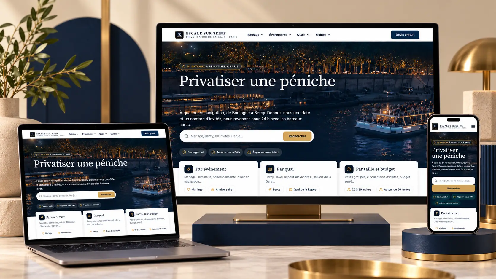 Le site Escale sur Seine sur un écran de bureau, un ordinateur portable et un téléphone : même accueil, adapté à chaque écran