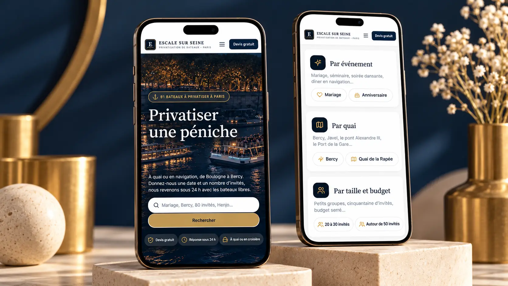 Deux téléphones affichant le site Escale sur Seine : l'accueil avec sa recherche, puis les trois cartes par événement, par quai, par taille et budget