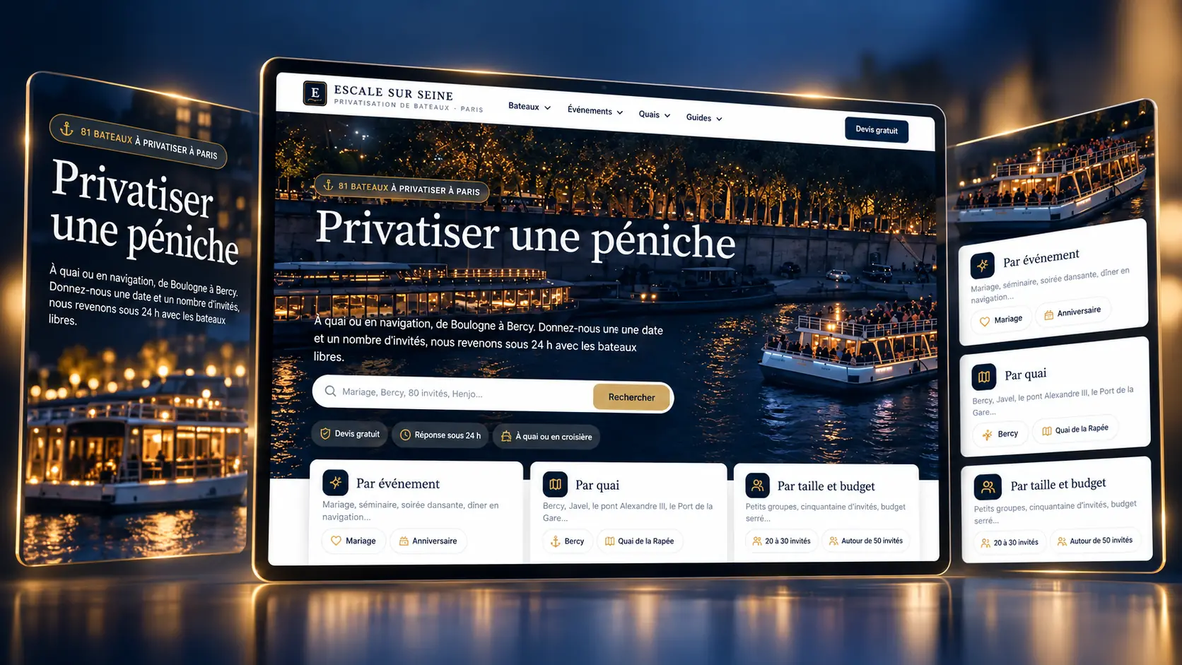 Trois écrans du site Escale sur Seine, accueil au centre avec la photo d'un bateau illuminé sur la Seine la nuit