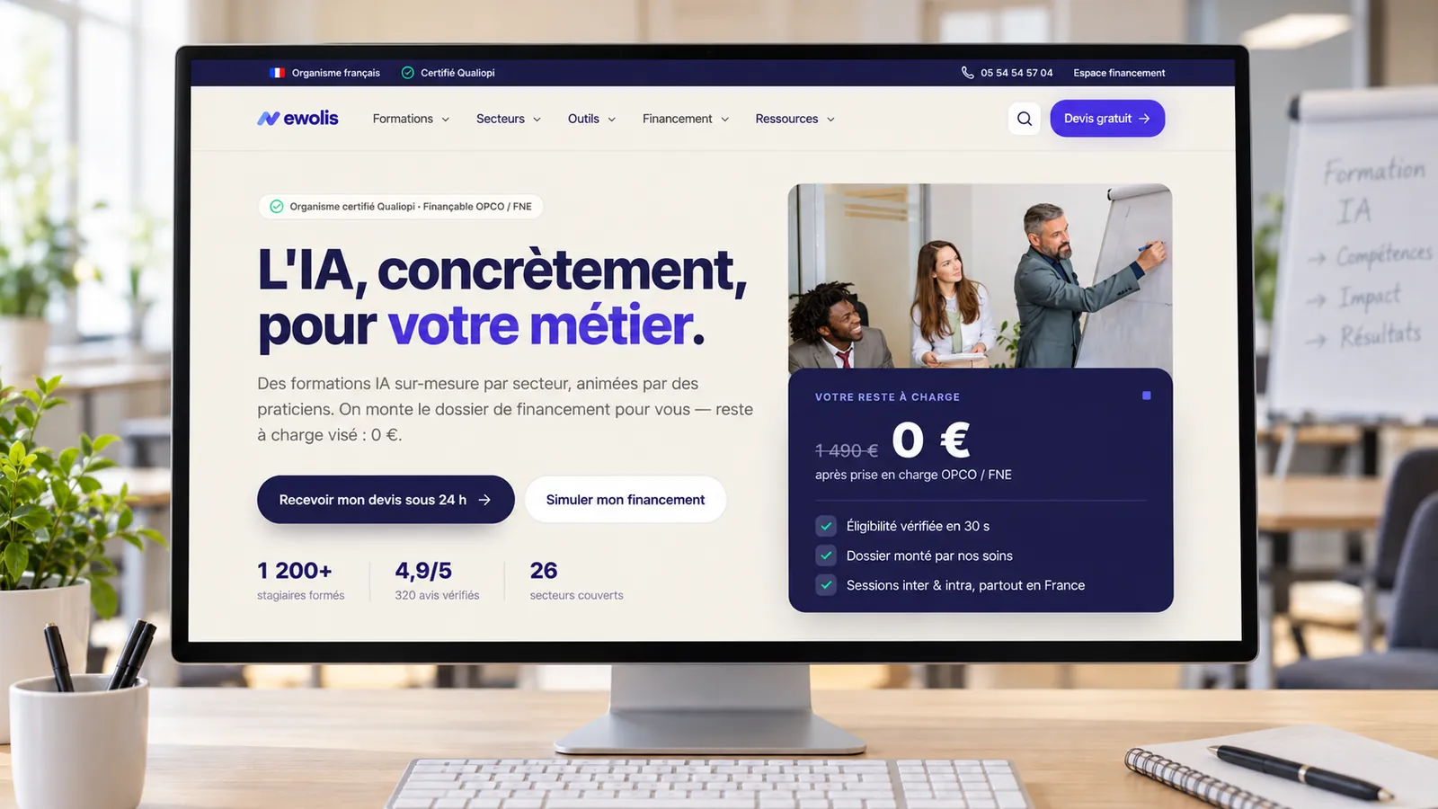 Maquette de l'accueil d'Ewolis sur ordinateur portable et sur smartphone : « L'IA, concrètement, pour votre métier. », carte « Votre reste à charge » de 1 490 € à 0 € après prise en charge OPCO / FNE, éligibilité vérifiée en 30 s, dossier monté par nos soins, sessions inter et intra partout en France