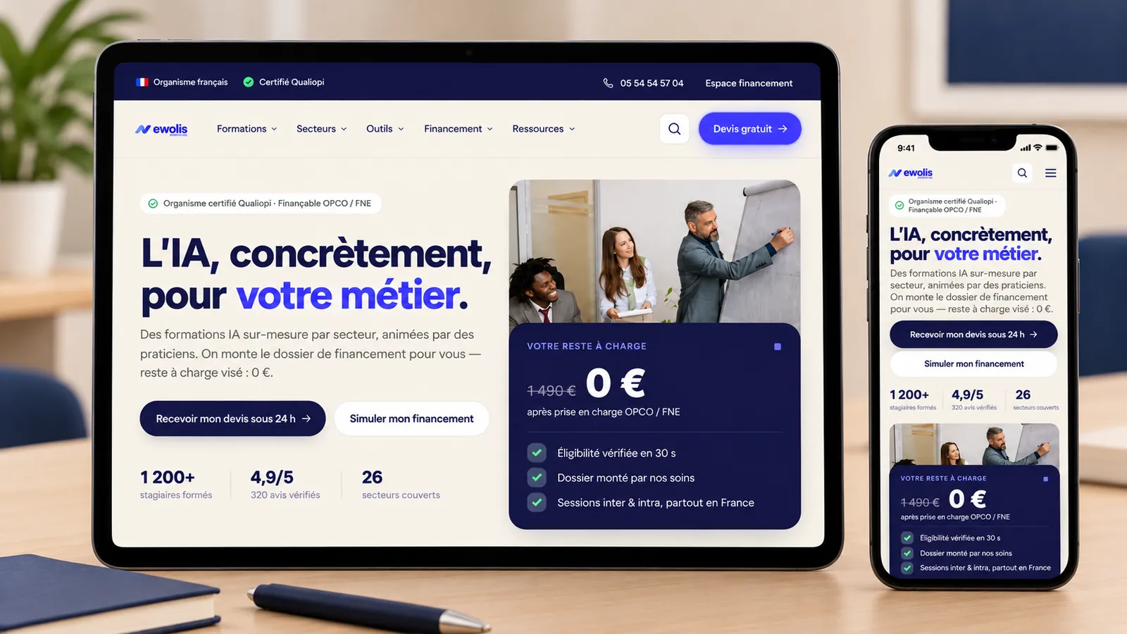 Maquette de l'accueil d'Ewolis sur tablette et sur smartphone : « L'IA, concrètement, pour votre métier. », boutons « Recevoir mon devis sous 24 h » et « Simuler mon financement », preuves et carte « Votre reste à charge »