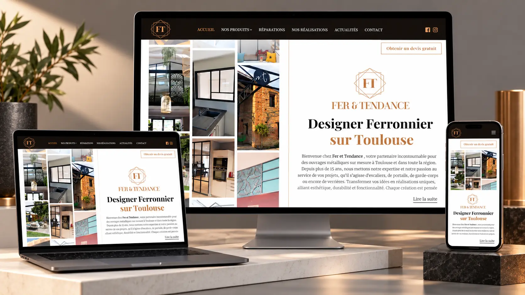 Le site Fer & Tendance sur un écran de bureau, un ordinateur portable et un téléphone : la même page, adaptée à chaque écran