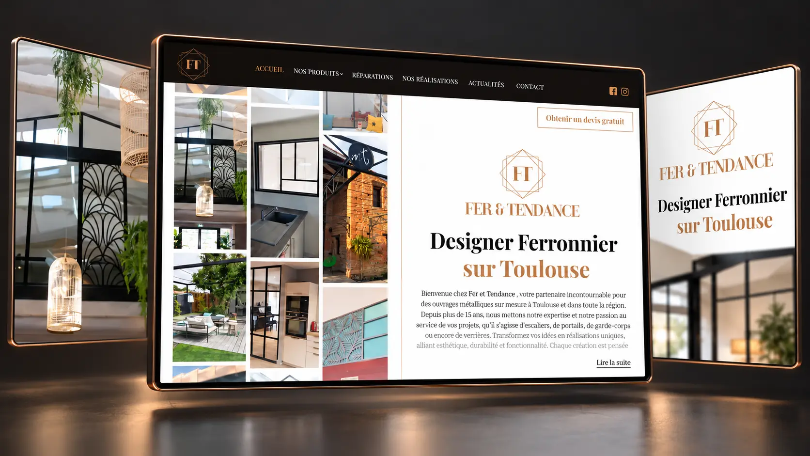 Trois écrans du site Fer & Tendance : la mosaïque de réalisations, l'accueil et le logo doré