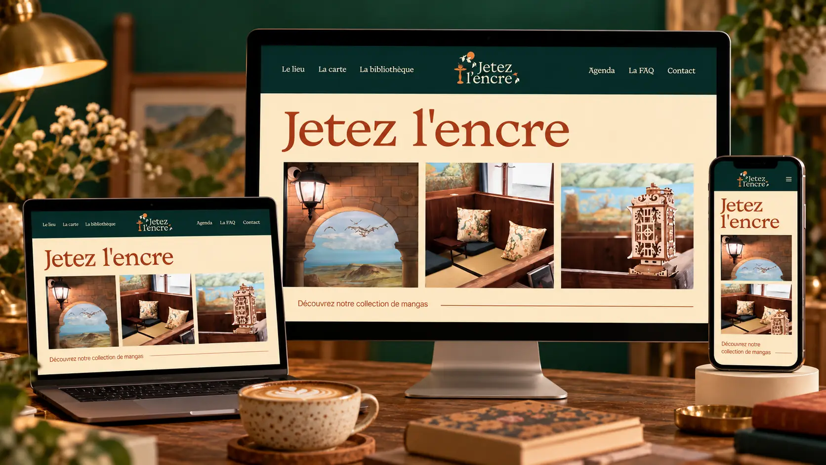Le site Jetez l'encre sur un écran de bureau, un ordinateur portable et un téléphone : la même page, adaptée à chaque écran