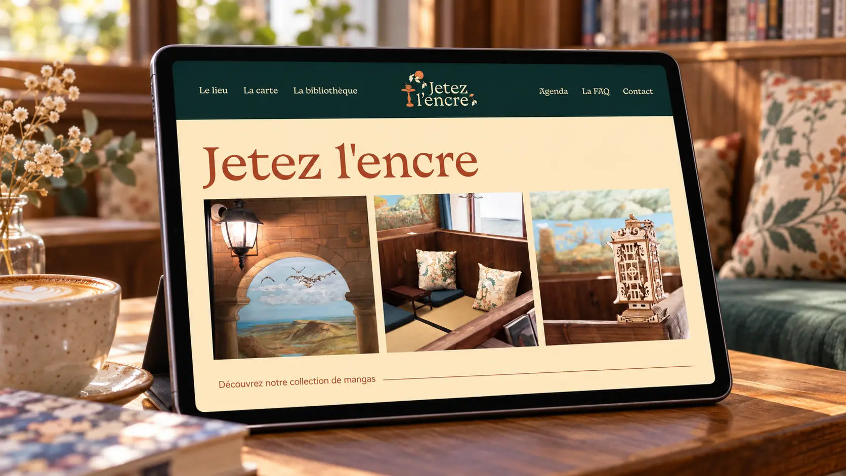Le site Jetez l'encre sur une tablette posée près d'un café crème et d'une banquette à coussins fleuris