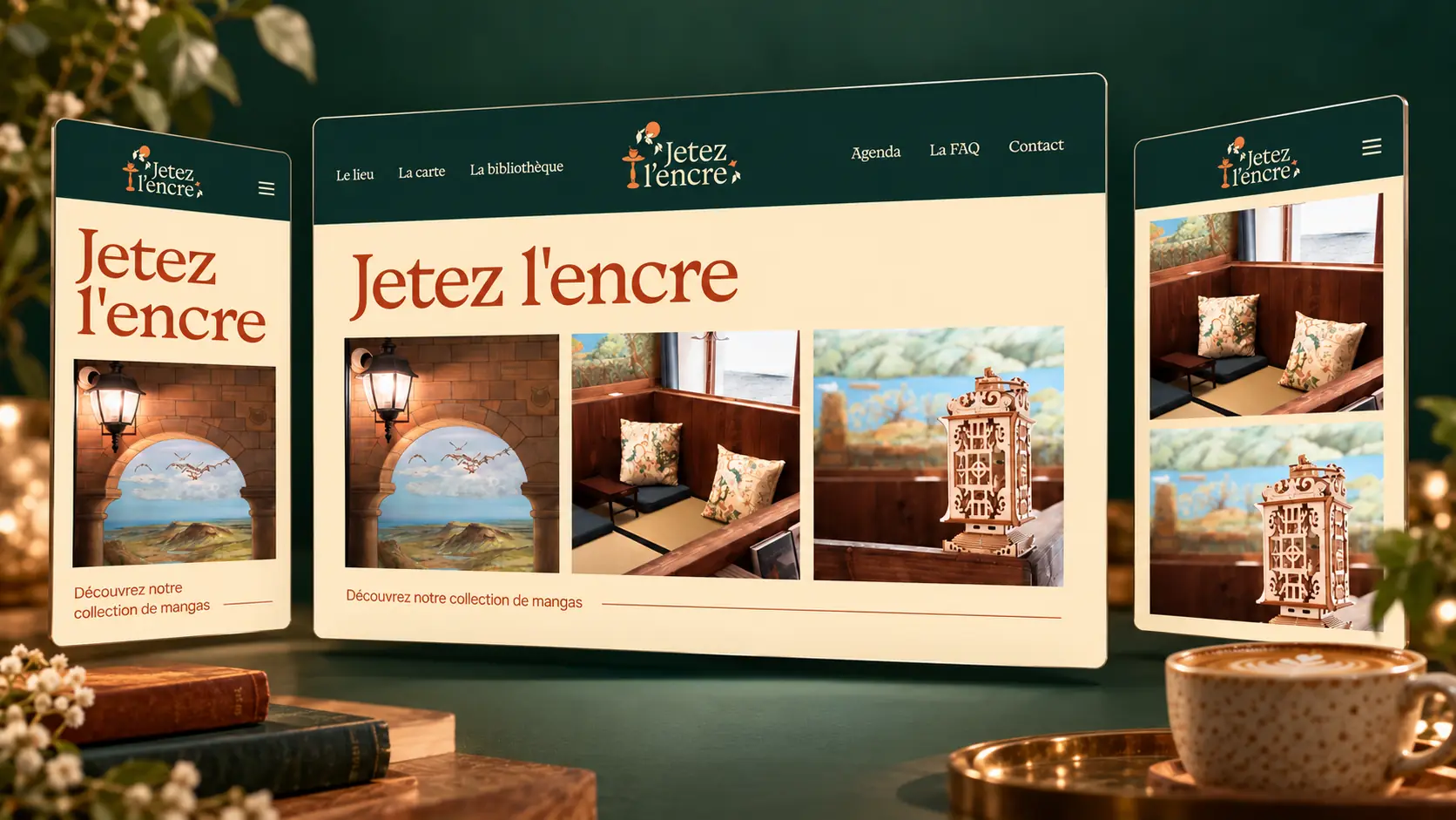 Trois écrans du site Jetez l'encre : la version téléphone, la version ordinateur et le détail des photos du lieu