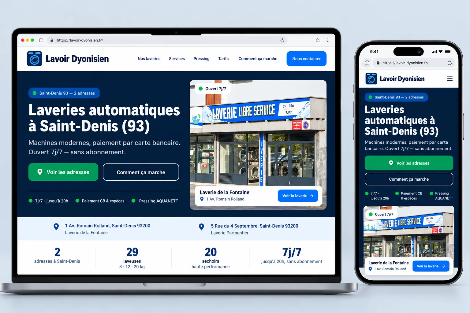 Le site Lavoir Dyonisien sur ordinateur portable et sur smartphone : même accueil, version mobile avec les boutons « Voir les adresses » et « Comment ça marche » en pleine largeur