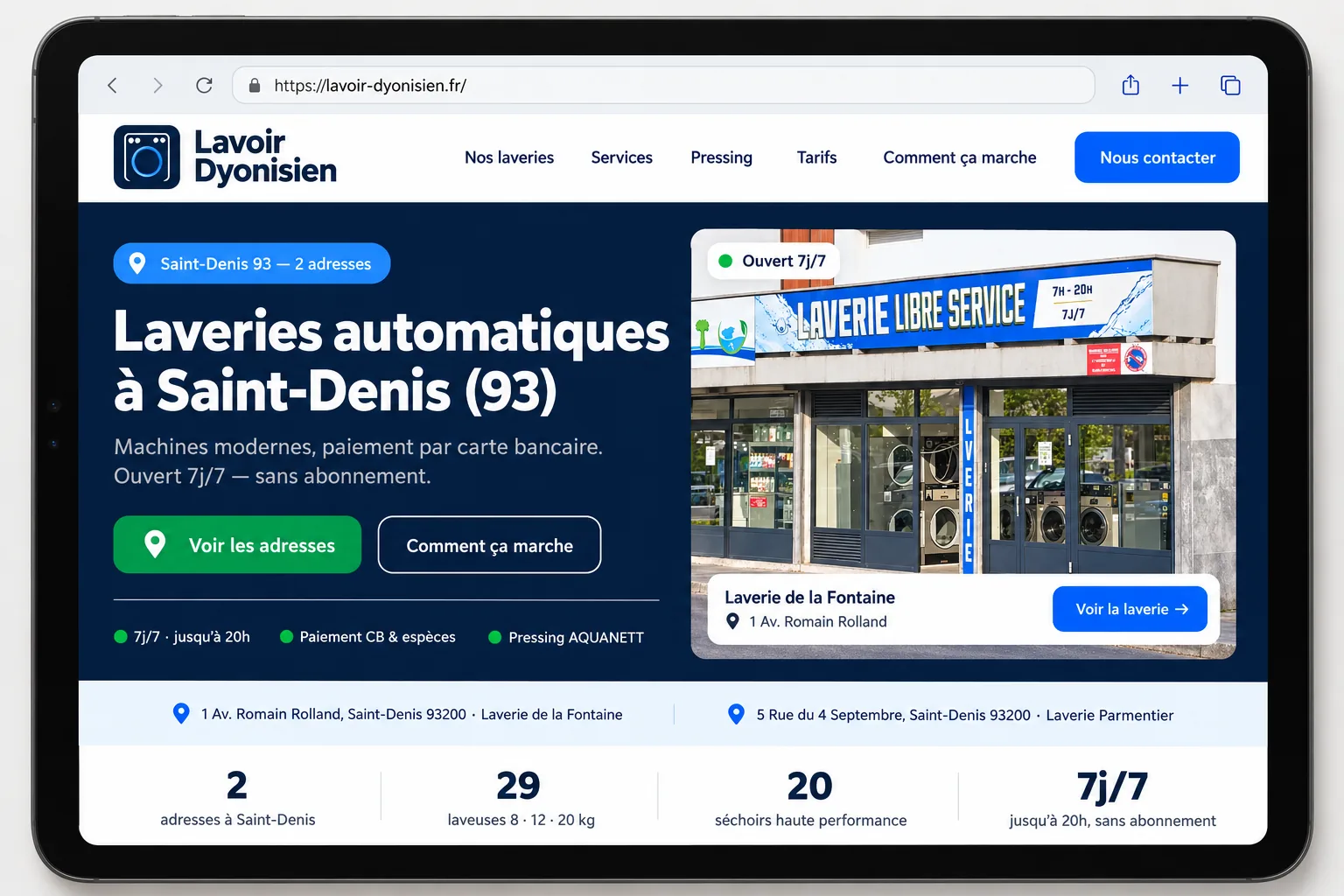 Accueil du site Lavoir Dyonisien sur tablette : menu Nos laveries, Services, Pressing, Tarifs et Comment ça marche, titre « Laveries automatiques à Saint-Denis (93) » et chiffres clés