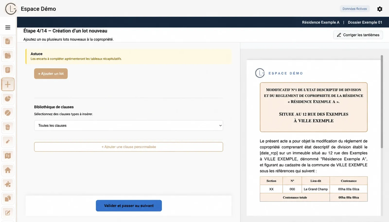 Capture de l'interface avec le menu latéral réduit : pictogrammes des sections de l'acte et aperçu du modificatif