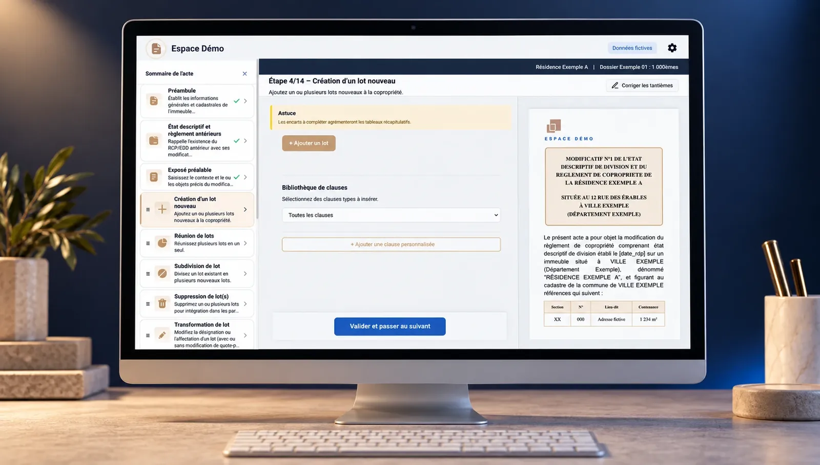 Mockup d'un écran de bureau affichant l'étape 4 sur 14 « Création d'un lot nouveau » : sommaire de l'acte à gauche, bibliothèque de clauses au centre et aperçu en direct de l'acte modificatif à droite